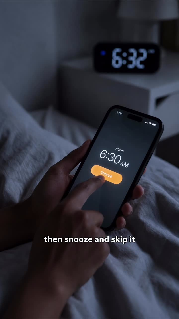 A hand reaching for a phone showing a 6:30 AM alarm in a dark bedroom, caption reading: then snooze and skip it