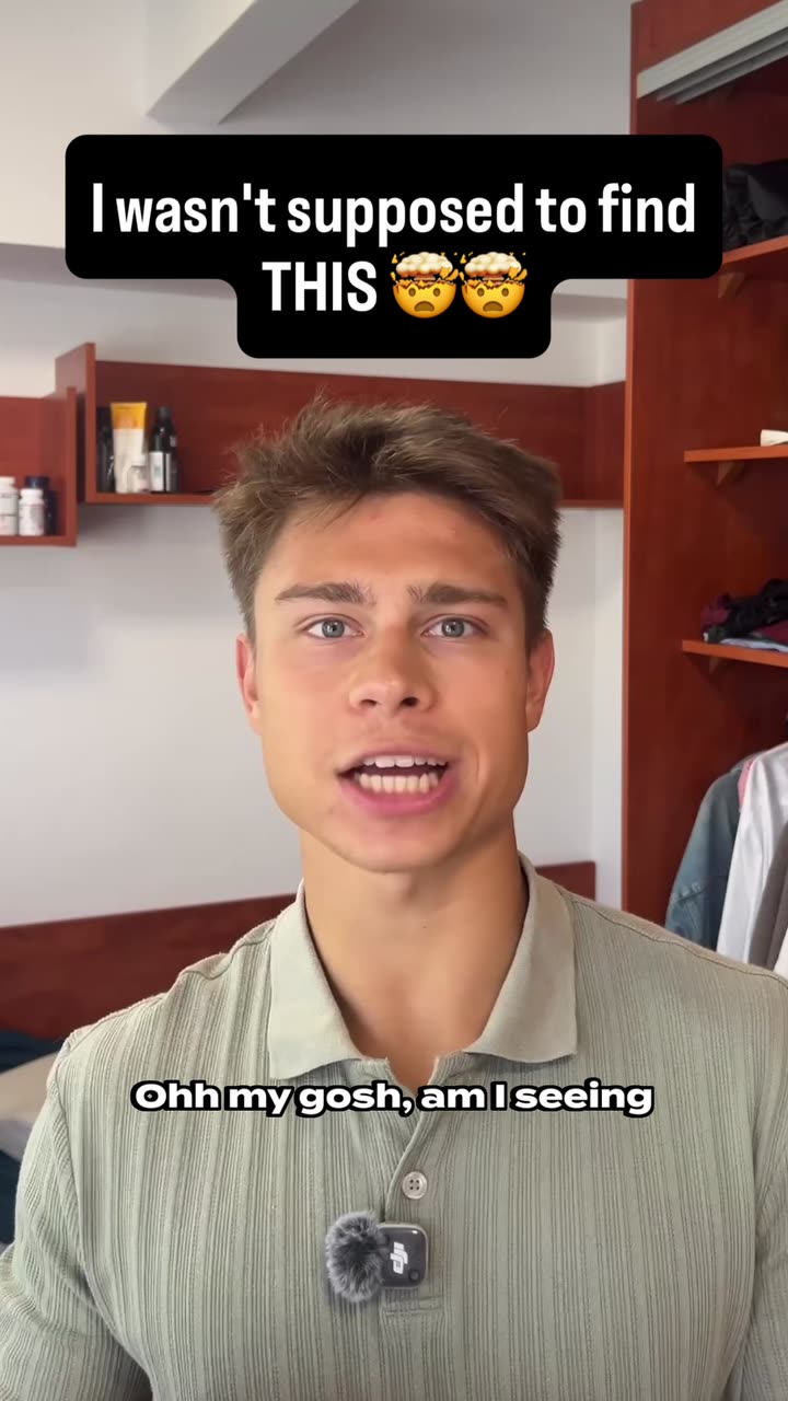 Alex talking to camera in a bedroom, hook text reading: I wasn't supposed to find THIS