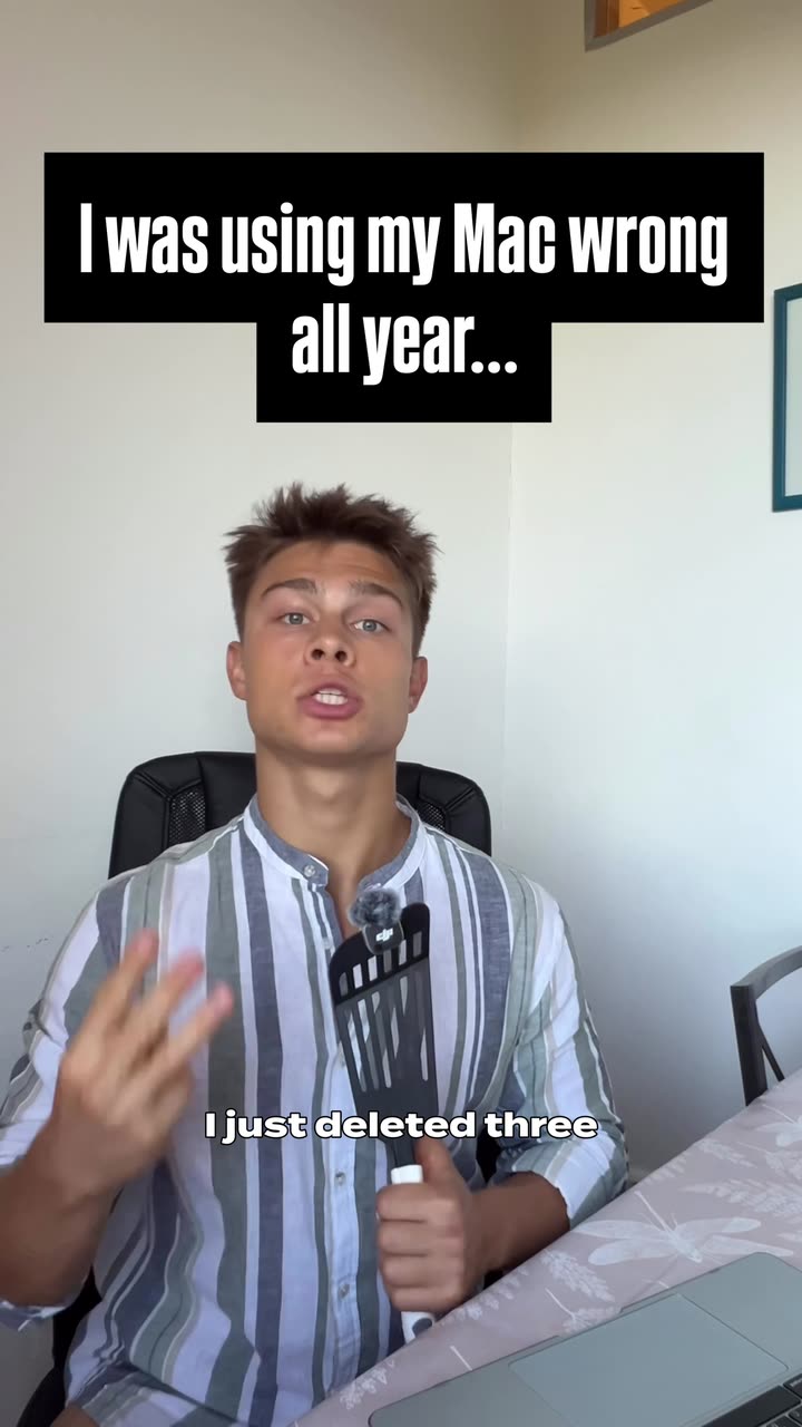 Alex talking to camera at a desk beside a laptop, hook text reading: I was using my Mac wrong all year