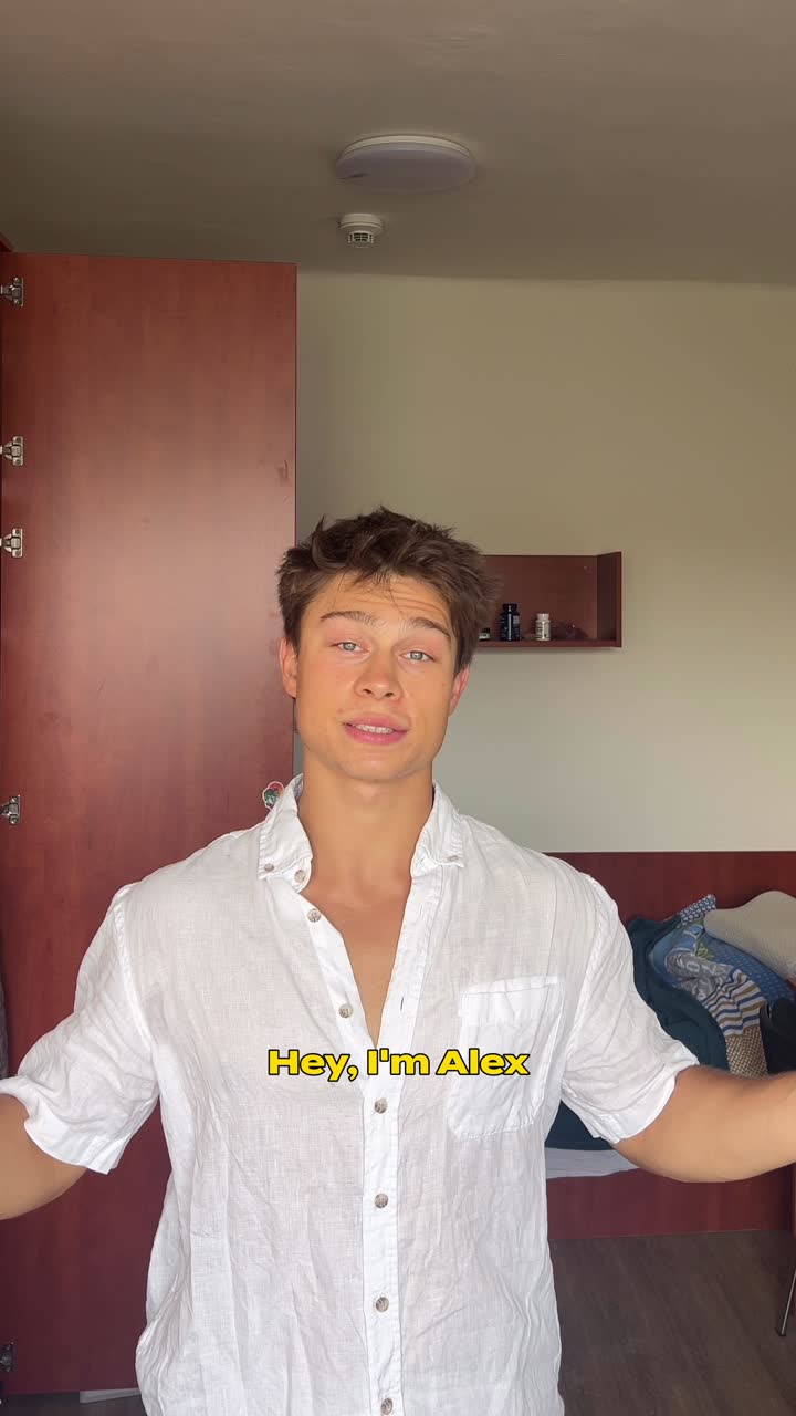 Alex talking to camera at home, caption reading: Hey, I'm Alex