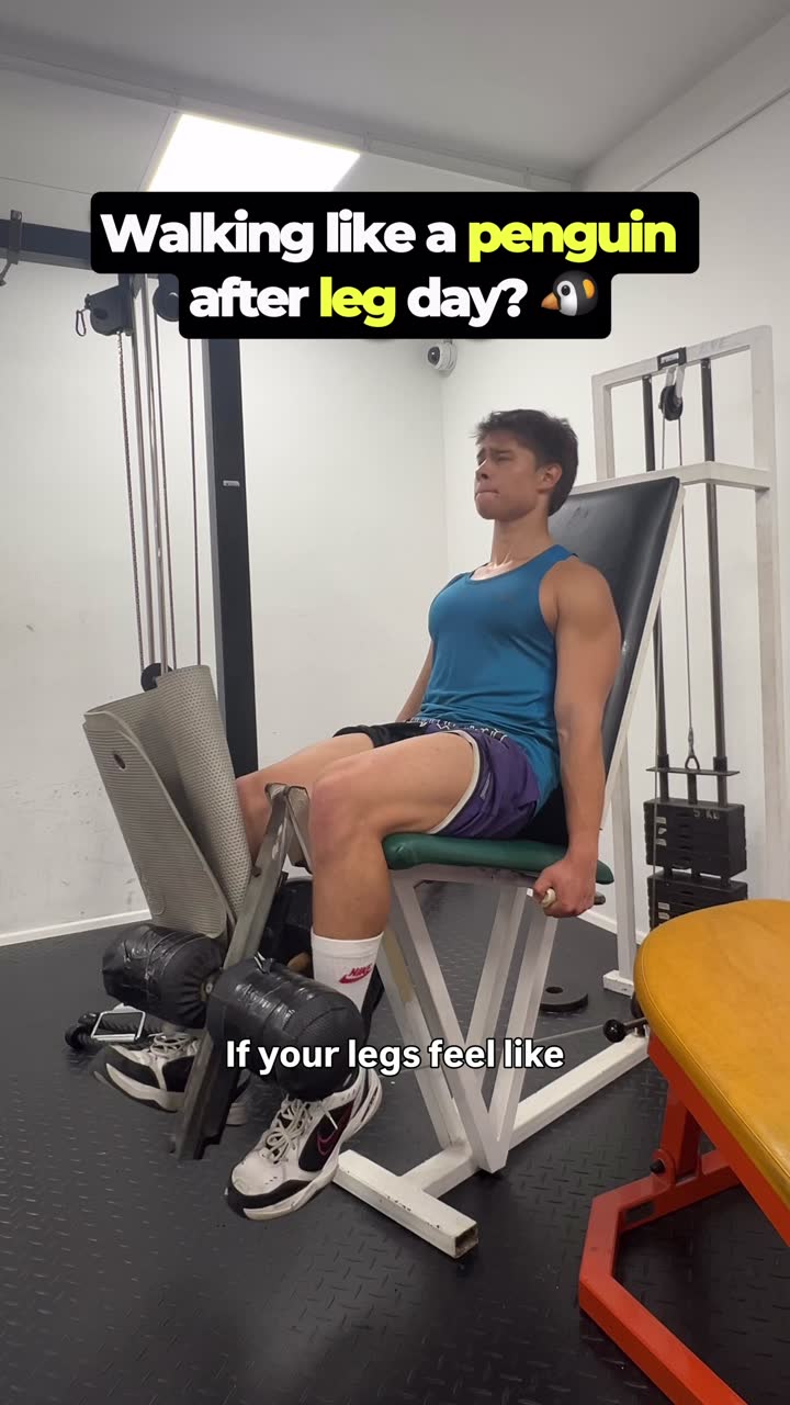 Alex on a leg machine in a gym, hook text reading: Walking like a penguin after leg day?