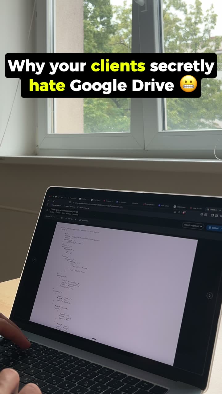 Hands typing on a laptop by a window, hook text reading: Why your clients secretly hate Google Drive